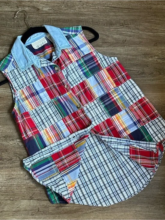 90’sCasey & Max Women's Patchwork Plaid Sleeveless Button Tank with Denim Collar - Picture 4 of 7